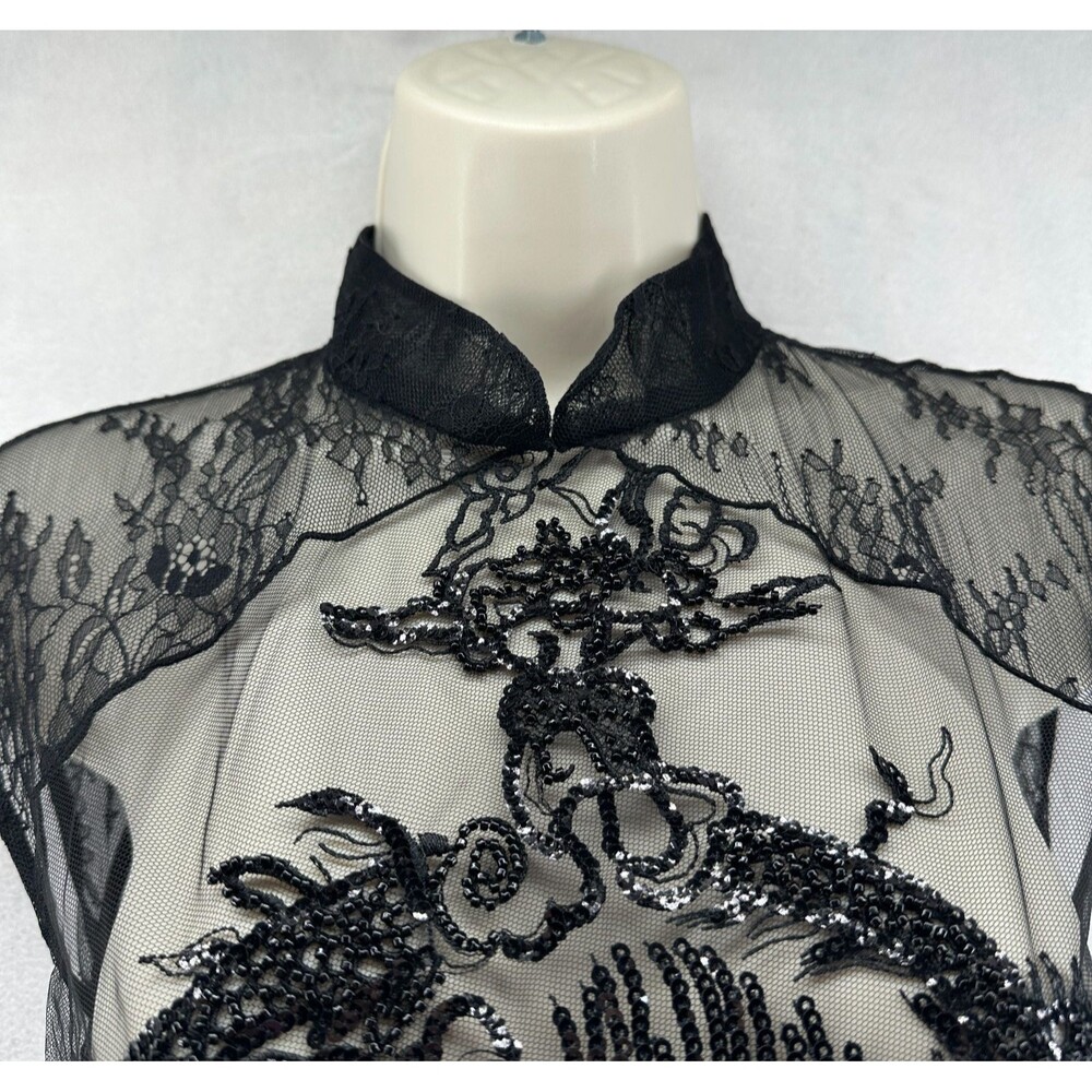 Kim Shui Beaded Dragon Lace Top Size M Black Sheer Mesh Y2K Style Open Back Tie - Picture 8 of 16